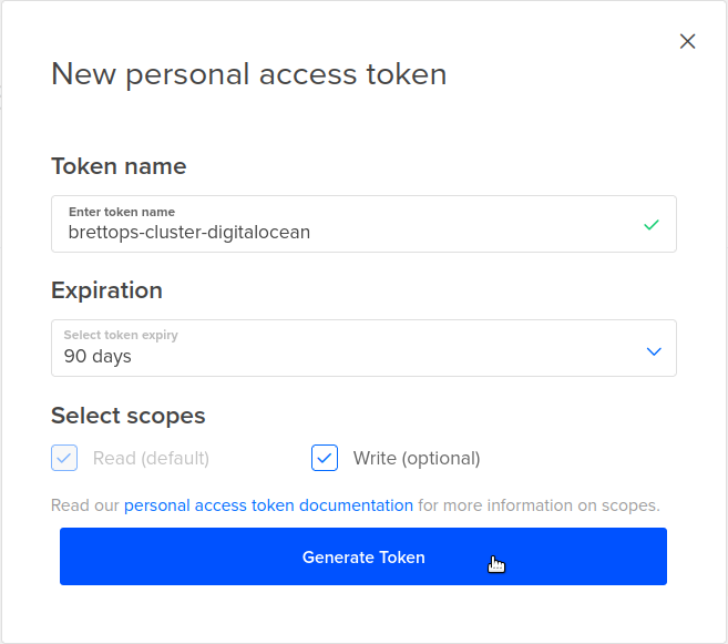**New personal access token** dialog box.