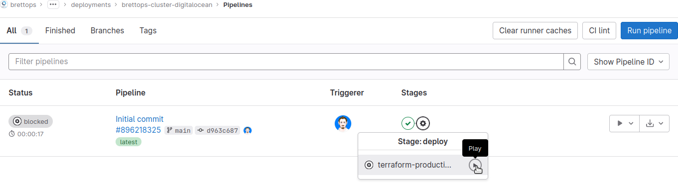 Click the manual `terraform-production-apply` pipeline job to deploy to
production.
