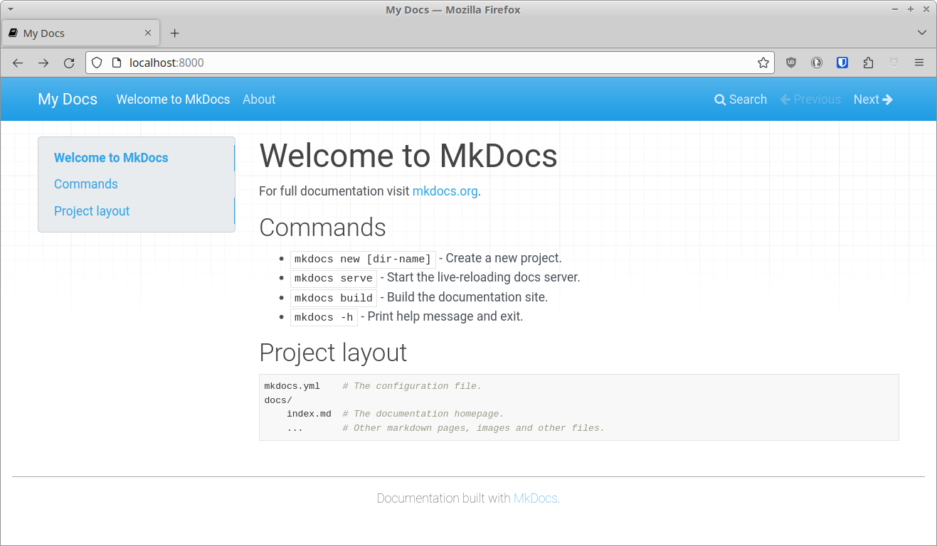 New MkDocs static site served locally.