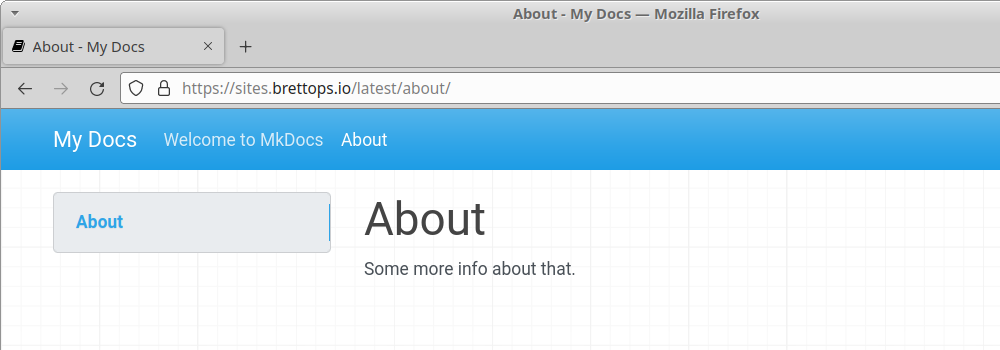 Following the About link takes us to the About page, no problem.
